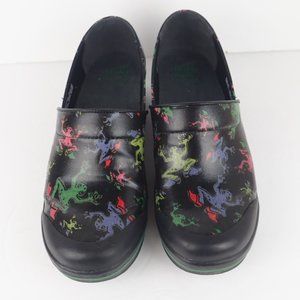 Dansko Womens Vegan Black Frog Print Clogs Nursing Shoes Sz 42 US 11.5/12